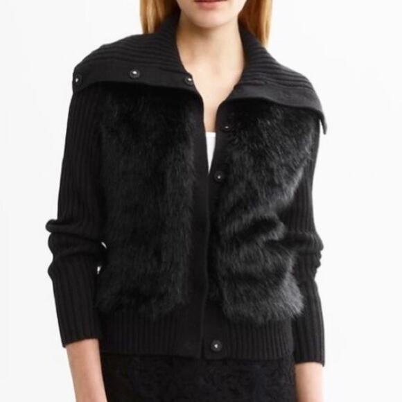 Banana Republic Size Large Black Wool Faux Fur Cardigan Sweater Winter Collared - Picture 1 of 11